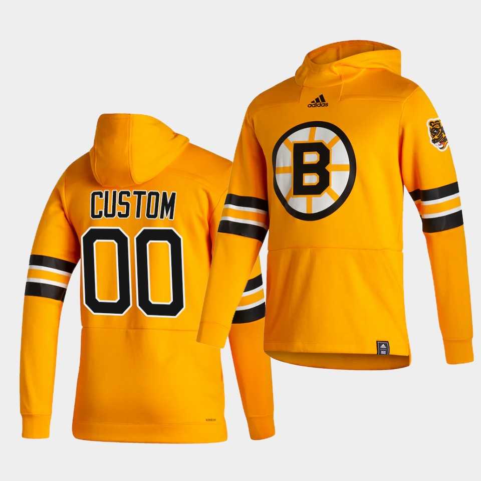 Men Boston Bruins 00 Custom Yellow NHL 2021 Adidas Pullover Hoodie Jersey